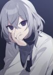  black_eyes black_shirt grey_background grey_hair hair_between_eyes hand_up hijiri_(resetter) jacket long_sleeves looking_at_viewer open_clothes open_jacket original parted_lips shirt simple_background sleeves_past_wrists smile solo upper_body white_jacket 