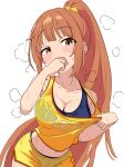  1girl absurdres armpits blush breasts brown_eyes cleavage collarbone commentary_request covering_own_mouth hair_ornament hand_to_own_mouth head_tilt highres idolmaster idolmaster_cinderella_girls long_hair looking_at_viewer medium_breasts midriff navel_peek orange_hair ponytail raised_eyebrow shirt_tug shorts sidelocks simple_background sleeveless solo sports_bra star_(symbol) star_hair_ornament steam steaming_body supman1122 sweat sweaty_clothes tank_top teasing very_long_hair wakabayashi_tomoka white_background 