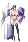  1girl black_hair black_thighhighs body_writing breasts condom condom_belt fei_(maidoll) flag gloves high_ponytail highleg highleg_panties highres holding holding_umbrella huge_breasts miniskirt navel nipples official_art panties parted_lips purple_gloves purple_skirt pussy_juice pussy_juice_drip_through_clothes race_queen see-through simple_background skirt solo sunglasses taimanin_(series) taimanin_rpgx thighhighs uehara_rin umbrella underwear used_condom white_background 