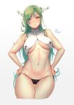  1girl absurdres antlers blush braid braided_bangs branch breasts cameltoe ceres_fauna flower green_hair hair_flower hair_ornament highres hololive hololive_english long_hair looking_at_viewer multicolored_hair myth1carts narrow_waist navel nun single_braid solo thighhighs underboob virtual_youtuber yellow_eyes 