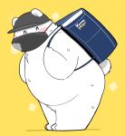  2022 anthro backpack belly big_belly blush bodily_fluids clothing delivery_(commerce) delivery_employee eyes_closed face_mask food_delivery gayousi7 hat headgear headwear hi_res kemono mammal overweight polar_bear simple_background solo sweat ursid ursine white_body 