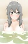  1girl bath bathing bathtub blush breasts completely_nude frown futaba_rio green_eyes grey_hair large_breasts long_hair non-web_source nude partially_submerged ponytail seishun_buta_yarou solo water 