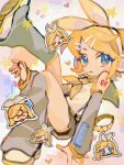  1girl :3 ao_6336 arm_support blonde_hair blue_eyes bow chibi chibi_inset closed_mouth detached_sleeves frown full_body grey_shorts grey_sleeves hair_bow hair_ornament hairclip headset heart kagamine_rin knee_up leg_up leg_warmers looking_at_viewer multicolored_background multiple_views number_tattoo panties panty_peek pixel_heart pixel_star shirt shoes short_hair short_shorts shorts shoulder_tattoo sitting star_(symbol) swept_bangs tattoo underwear v-shaped_eyebrows vocaloid white_bow white_footwear white_shirt xo yellow_nails 