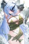  1girl alsace_(azur_lane) alternate_costume armpits arms_up azur_lane bdsm blush bondage bound breasts closed_mouth covered_eyes highres large_breasts leaf long_hair navel plant solo tansuan_(ensj3875) tied_up_(nonsexual) vines white_hair 
