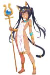  1girl animal_ears cat_ears cat_girl cat_tail dark-skinned_female dark_skin dress egyptian_clothes highres holding holding_staff kamidan long_hair looking_at_viewer original pelvic_curtain simple_background smile staff standing tail twintails white_background white_dress 