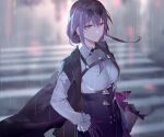  1girl absurdres bangs blurry blurry_background breasts crossed_bangs crosswalk eyebrows_visible_through_hair eyewear_on_head glasses hair_between_eyes highres honkai:_star_rail honkai_(series) jacket kafka_(honkai:_star_rail) kafka_(honkai_impact) long_hair looking_at_viewer manman00351581 outdoors rain round_eyewear shirt sidelocks solo standing wet wet_clothes wet_hair white_shirt 