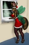  anthro antlers big_breasts breasts christmas clothed clothing elf_costume female hi_res holidays horn legwear leksi_(artist) mits solo stockings wave wings 