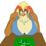  avian beak bird blonde_hair board_game breasts bust_portrait cleavage clothed clothing curl female furniture generation_1_pokemon green_eyes hair hand_on_chest hi_res kosmonius long_hair nintendo pidgeot pokemon pokemon_(species) portrait red_hair reversei rosa_pyle smile solo table third-party_edit 