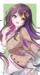  1girl :d azki_(4th_costume)_(hololive) azki_(hololive) black_hair brown_jacket dress green_background hair_between_eyes hand_up highres hololive jacket long_hair looking_at_viewer looking_to_the_side multicolored_hair official_alternate_costume purple_eyes purple_hair signature smile solo streaked_hair two-tone_background two-tone_hair very_long_hair virtual_youtuber white_background white_dress yonema 