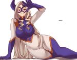  1girl aosora2823 arm_support artist_name black_mask blonde_hair blue_gloves blue_horns bodysuit boku_no_hero_academia breasts gloves highres horns large_breasts long_hair looking_at_viewer lying mask mount_lady on_side simple_background smile solo superhero_costume white_background 
