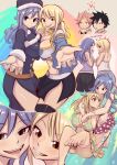  2boys 2girls absurdres bikini blue_nails breast_press breasts brown_eyes cheek-to-cheek fairy_tail gray_fullbuster heads_together heart highres holding_hands hug hug_from_behind interlocked_fingers joshdinobarney juvia_lockser large_breasts lucy_heartfilia multiple_boys multiple_girls natsu_dragneel outstretched_arms skirt smile swimsuit symmetrical_docking 