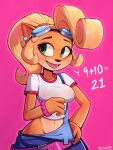 absurd_res activision anthro artist_name bandicoot blonde_hair blush bracelet breasts clothed clothing coco_bandicoot crash_bandicoot_(series) crossxvii ear_piercing eyebrows eyewear female fingers fur goggles green_eyes hair half-length_portrait hi_res jewelry long_hair mammal marsupial multicolored_body multicolored_fur nipple_outline overalls piercing portrait shirt solo standing t-shirt tan_body tan_fur topwear translucent two_tone_body two_tone_fur wide_hips