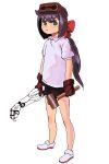  1girl absurdres black_shorts bow collared_shirt constanze_amalie_von_braunschbank-albrechtsberger detached_arm gloves green_eyes h_(7503971) hair_between_eyes hair_bow highres holding_tool little_witch_academia long_hair looking_at_viewer mechanical_arms medium_bangs red_bow shirt shorts simple_background solo thick_eyebrows white_background white_shirt 