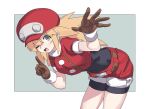  1girl bent_over black_bodysuit blonde_hair bodysuit bodysuit_under_clothes brown_gloves cabbie_hat commentary cropped_jacket gloves green_eyes hat highres huanxiang_huifeng long_hair mega_man_(series) mega_man_legends_(series) one_eye_closed red_hat red_shorts roll_caskett_(mega_man) romaji_commentary shorts sketch solo 