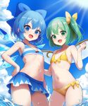  2girls bare_arms bare_legs bare_shoulders bikini blue_bikini blue_bow blue_eyes blue_hair blush bow breasts cirno collarbone daiyousei day detached_wings fairy fairy_wings green_eyes green_hair hair_bow highres ice ice_wings kisaragi_koushi long_hair multiple_girls navel ocean one_side_up open_mouth outdoors short_hair small_breasts smile swimsuit touhou wading water wings yellow_bikini 