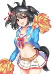  1girl :d animal_ears black_hair brown_eyes cheerleader commentary_request cosplay cowboy_shot hair_ornament highres horse_ears horse_girl horse_tail jacket kitasan_black_(umamusume) long_sleeves looking_at_viewer multicolored_hair navel nice_nature_(run&amp;win)_(umamusume) nice_nature_(umamusume) nice_nature_(umamusume)_(cosplay) pleated_skirt pom_pom_(cheerleading) roar_yell!_tracen_academy_cheerleading_squad_(umamusume) simple_background skirt smile solo stomach streaked_hair sunny_(20597521) tail two_side_up umamusume white_background white_hair white_skirt 