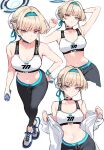  1girl absurdres arms_up black_choker black_pants blonde_hair blue_archive blue_eyes blue_halo bottle braid breasts bun_cover choker collarbone hair_bun hair_intakes hairband halo hand_on_own_hip highres holding holding_bottle medium_breasts microphone midriff millennium_science_school_logo multiple_views navel pants parted_lips shigure_s shoes simple_background sneakers sports_bra stomach toki_(blue_archive) white_background white_sports_bra wristband yoga_pants 
