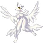  anthro breasts canid canine female fox foxgumie fur gesture hair hand_gesture hi_res mammal simple_background solo v_sign white_background white_body white_fur white_hair wings yellow_eyes 