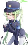  1girl blue_archive blush demon_tail gloves green_hair hair_between_eyes halo hat highres hottore_kabitori jacket long_hair long_sleeves looking_at_viewer mesugaki military_uniform nozomi_(blue_archive) open_mouth pointy_ears simple_background smile solo tail twintails uniform very_long_hair white_background white_gloves yellow_eyes 