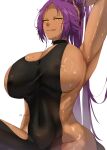  1girl abs absurdres arm_at_side arm_up armpits artist_name bleach blush breasts cleavage cleavage_cutout clothing_cutout dark-skinned_female dark_skin english_commentary hand_in_own_hair highres huge_breasts long_hair looking_at_viewer lucifsys muscular muscular_female naughty_face ponytail purple_hair shihouin_yoruichi sideboob simple_background sitting solo sweat swimsuit tan thighs tongue tongue_out very_long_hair white_background wide_hips yellow_eyes 