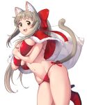  1girl :d absurdres animal_ears arukiru bikini bow breasts brown_eyes brown_hair capelet cat_ears cat_girl cat_tail christmas commentary hair_bow highres large_breasts long_hair looking_at_viewer navel original ponytail red_bikini red_bow red_capelet red_footwear revision shoes side-tie_bikini_bottom simple_background smile solo swimsuit tail teeth thighs upper_teeth_only white_background 