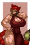  absurdres animal_ears breasts cat_ears cleavage_cutout clothing_cutout dress green_eyes green_hair highres large_breasts milka01477 muscular muscular_female nail_polish original red_eyes red_hair scar tail thick_thighs thighs 
