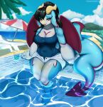  absurd_res anthro beach bedroom_eyes big_hands big_tail blind blue_body cetacean clothing curved_horn disability dolphin dragon female glistening glistening_body hair half-closed_eyes hi_res horn humanoid hybrid mammal marine mythological_creature mythological_scalie mythology narrowed_eyes oceanic_dolphin ponytail pool poolside raz_(meireynashark) romancruzzz scalie seductive solo swimwear tail toothed_whale water wet white_body wide_hips wings 