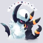  absol closed_mouth colored_sclera commentary_request fang forehead-to-forehead grey_background heads_together horns markings no_humans open_mouth pokemon pokemon_(creature) pokemon_focus red_eyes red_sclera satan_(zoroa553) simple_background single_horn star_(symbol) umbreon 