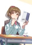  1girl blush book bow bowtie breasts brown_eyes brown_hair brown_jacket chair closed_mouth desk elbows_on_table eraser green_skirt hair_ornament hair_scrunchie hand_on_own_chin high_ponytail holding holding_book hori_yuko idolmaster idolmaster_cinderella_girls idolmaster_cinderella_girls_starlight_stage jacket jacket_on_shoulders long_hair long_sleeves looking_to_the_side math medium_breasts miniskirt on_chair paper pen plaid plaid_skirt pleated_skirt ponytail red_bow red_bowtie red_scrunchie school_chair school_desk school_uniform scrunchie shirt signature skirt solo striped_bow striped_bowtie striped_clothes textbook two-tone_background tyuga v-shaped_eyebrows white_shirt 