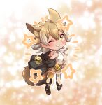  1girl animal_ears belt blonde_hair boots brown_background camisole coroha coyote_(kemono_friends) extra_ears full_body gloves jacket japari_symbol kemono_friends kemono_friends_v_project looking_at_viewer looking_back one_eye_closed short_hair simple_background skirt solo tail thighhighs virtual_youtuber wolf_ears wolf_girl wolf_tail yellow_eyes 