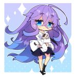 1girl :&lt; ahoge animal black_skirt black_socks blue_background blue_eyes blue_hair blush breasts cat chibi cleavage closed_mouth collared_shirt commentary_request dress_shirt full_body fuyou-chan gradient_background hair_between_eyes highres large_breasts long_hair milkpanda no_shoes original purple_background purple_hair shirt short_eyebrows skirt socks solo sparkle standing thick_eyebrows very_long_hair white_shirt 