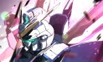  commentary debris english_commentary glowing glowing_eyes green_eyes gundam highres kuri_giepi lens_flare mecha mecha_focus mobile_suit motion_blur no_humans portrait robot science_fiction solo v-fin v2_gundam victory_gundam 