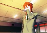 1boy absurdres black_eyes chinese_commentary classroom closed_mouth collared_shirt commentary_request green_necktie grey_sweater hair_between_eyes hair_ornament hand_to_own_mouth highres indoors kyoko_(akakikyoko) long_hair long_sleeves male_focus necktie original red_hair shirt smile solo sweater upper_body white_shirt 