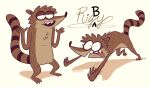  all_fours anthro cartoon_network character_name gesture half-closed_eyes hi_res male mammal narrowed_eyes procyonid raccoon regular_show rigby_(regular_show) scared shrug simple_background solo stellizard teeth text white_background 