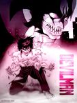  2boys barefoot claws copyright_name demon_boy devilman devilman_(character) exploding_clothes fudou_akira hair_behind_ear highres male_focus matayoshi_(nopple_1000) monochrome multiple_boys muscular muscular_male pants sharp_teeth teeth torn_clothes torn_pants transformation v-shaped_eyebrows 
