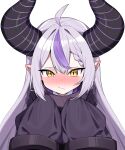 1girl black_dress blush braid braided_bangs brown_eyes closed_mouth commentary dated_commentary demon_horns dress grey_hair hair_between_eyes highres hololive horns la+_darknesss long_sleeves looking_at_viewer multicolored_hair nose_blush pointy_ears purple_hair simple_background sleeves_past_fingers sleeves_past_wrists solo streaked_hair tosyeo upper_body virtual_youtuber white_background 