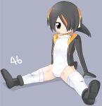  1girl black_eyes black_footwear black_hair black_jacket boots closed_mouth commentary_request emperor_penguin_(kemono_friends) expressionless flat_chest full_body grey_background hair_between_eyes hair_over_one_eye headphones highres jacket kemono_friends lets0020 long_bangs looking_at_viewer multicolored_hair numbered one-piece_swimsuit open_clothes open_jacket orange_hair short_hair simple_background sitting solo spread_legs streaked_hair swimsuit thighhighs white_one-piece_swimsuit white_thighhighs 