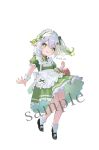  1girl :d alternate_costume apron basket bow dress enmaided frilled_apron frilled_dress frills genshin_impact gradient_hair green_bow green_dress green_eyes green_hair grey_hair hair_between_eyes hair_bow hair_ornament hairclip highres looking_at_viewer maid maid_headdress multicolored_hair nahida_(genshin_impact) omelet_tomato pleated_dress puffy_short_sleeves puffy_sleeves sample_watermark short_sleeves side_ponytail signature simple_background smile solo striped_bow watermark white_apron white_background wrist_cuffs 