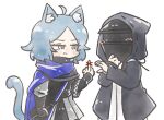  1girl 1other ahoge ambiguous_gender animal_ear_fluff animal_ears arknights bangs black_jacket blue_eyes blue_hair cat_ears cat_girl cat_tail doctor_(arknights) heart_hands_failure hood hood_up hooded_jacket jacket middle_finger monique_(arknights) nunnuje_a_u_e parted_bangs shirt short_hair tail white_background 