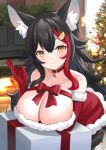  1girl :3 absurdres animal_ear_fluff animal_ears arm_under_breasts bare_shoulders black_hair bow box breasts choker christmas christmas_tree cleavage closed_mouth collarbone cowboy_shot curly_hair dress elbow_gloves elbow_sleeve eyelashes fireplace flipped_hair fur-trimmed_dress fur-trimmed_sleeves fur_trim gift gift_box gloves hair_between_eyes hair_flaps hair_ornament hand_up highres hololive kurashina_yuzuki large_breasts leaning_forward leaning_on_object light_blush long_hair looking_at_viewer multicolored_hair ookami_mio pendant_choker red_bow red_choker red_dress red_gloves red_hair red_ribbon red_sleeves ribbon santa_costume santa_dress sidelocks smile solo star_(symbol) star_choker strapless strapless_dress streaked_hair virtual_youtuber wolf_ears yellow_eyes 