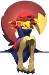  absurd_res ando bandai_namco black_sclera chest_tuft clothing cyvian digimon digimon_(species) dress embarrassed female fur hi_res legwear multicolored_body red_body red_fur renamon ryva_hellfyre solo stockings tuft yellow_body yellow_fur 
