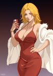  1girl absurdres alternate_costume bleach blue_eyes bracelet breasts cellphone cleavage dress earrings evening_gown feather_boa hand_on_own_hip highres holding holding_phone jewelry large_breasts matsumoto_rangiku necklace phone red_dress selfie smile solo stayaliveplz 