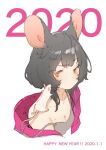  2020 animal animal_ears animal_on_shoulder armpit_crease bare_shoulders black_hair breasts chinese_zodiac cleavage closed_mouth collarbone eyebrows_visible_through_hair half-closed_eyes happy_new_year jacket medium_hair mogumo mole mole_on_breast mouse mouse_ears open_clothes open_jacket orange_eyes original purple_jacket upper_body year_of_the_rat 