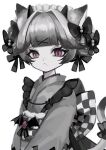  1girl animal_ears black_ribbon butterfly_hair_ornament cat_ears cat_girl cat_tail checkered_sash closed_mouth grey_hair grey_kimono hair_intakes hair_ornament hair_ribbon highres horns japanese_clothes kimono long_sleeves looking_at_viewer looking_to_the_side mole mole_under_mouth obi original purple_eyes ribbon sash shiona_(siona0625) short_hair simple_background slit_pupils solo tail upper_body white_background x_hair_ornament 