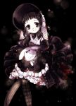  1girl abstract_background absurdres asymmetrical_legwear bags_under_eyes black_background black_dress black_eyes black_hair black_hat black_pantyhose blood blood_on_clothes bonnet checkered_pantyhose circle_skirt commentary_request dress expressionless facial_tattoo feet_out_of_frame gothic_lolita hardgore_alice hat highres holding holding_stuffed_toy juliet_sleeves light_particles lolita_fashion long_hair long_sleeves looking_at_viewer mahou_shoujo_ikusei_keikaku mismatched_legwear pale_skin pantyhose pinstripe_legwear pinstripe_pattern puffy_sleeves sitting sleeves_past_fingers sleeves_past_wrists solo spider_web_tattoo stuffed_animal stuffed_rabbit stuffed_toy taega_chima tattoo wide_sleeves 