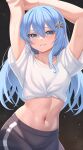  1girl absurdres aoi_zerii arms_up blue_eyes blue_hair blush breasts hair_between_eyes highres hololive hoshimachi_suisei long_hair looking_at_viewer navel shirt smile solo star_(symbol) star_in_eye symbol_in_eye virtual_youtuber wet white_shirt 