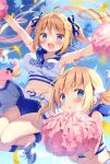  &gt;_&lt; 2girls :d :o armpits bangs bare_arms bare_shoulders belt belt_buckle blonde_hair blue_buruma blue_eyes blue_sky blush bow breasts buckle buruma cheerleader clothes_lift cloud cloudy_sky commentary_request confetti crop_top day eyebrows_visible_through_hair fang hair_between_eyes hair_bow heart heart-shaped_buckle holding long_hair medium_breasts midair midriff multiple_girls navel original outdoors pan_(mimi) parted_lips pleated_skirt pom_pom_(cheerleading) purple_eyes shirt shoes skirt skirt_lift sky sleeveless sleeveless_shirt smile socks striped striped_bow stuffed_animal stuffed_bunny stuffed_toy twintails very_long_hair white_belt white_footwear white_legwear white_shirt white_skirt 