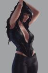  1girl adjusting_hair armpits arms_behind_head arms_up baldur&#039;s_gate baldur&#039;s_gate_3 black_hair black_pants black_shirt blunt_bangs breasts chandeloor cleavage closed_mouth cowboy_shot dungeons_&amp;_dragons green_eyes grey_background highres long_hair low_neckline pants pink_lips scar scar_on_face scar_on_nose shadowheart_(baldur&#039;s_gate) shirt sidelocks simple_background solo straight_hair 