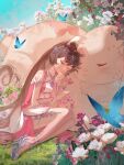  1girl animal_ears artist_request blue_sky brown_hair bug butterfly closed_eyes douluo_dalu dress flower hair_ornament high_heels highres long_hair parted_lips pink_dress ponytail rabbit rabbit_ears second-party_source sky sleeping solo whiskers xiao_wu_(douluo_dalu) 