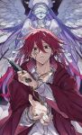  1boy carpaccio_luo-yang collared_shirt earrings facial_mark feathered_wings highres jewelry knife long_hair long_sleeves looking_at_viewer m_aizw mashle parted_lips purple_hair red_eyes red_hair red_robe ring robe shirt short_hair spiked_hair white_shirt wings 
